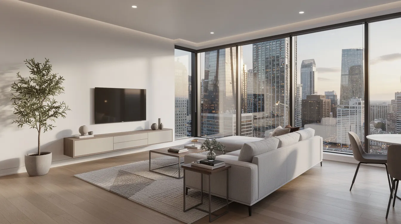 A modern condo living room features floor-to-ceiling windows that offer a stunning view of the Toronto city skyline, showcasing the vibrant financial district and nearby amenities. The space is designed for comfortable living, emphasizing contemporary style and abundant natural light.