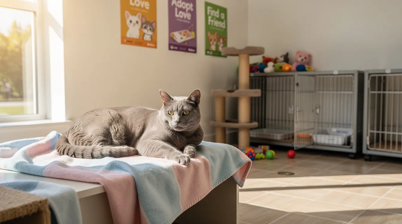 Eine ruhige erwachsene Katze liegt bequem in einem hellen Adoptionsraum im Blacktown Animal Rehoming Centre, umgeben von einer einladenden Atmosphäre, die potenzielle Adoptanten ermutigt, ihren perfekten pelzigen Freund zu finden. Diese Gemeinschaftseinrichtung widmet sich der Bereitstellung liebevoller Zuhause für ausgesetzte Tiere, wobei die Bedeutung des Adoptionsprozesses und der Pflege hervorgehoben wird.