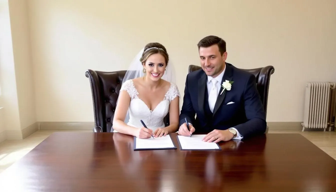 Das Bild zeigt ein Brautpaar, das am Schreibtisch Dokumente unterzeichnet, um ihre Traumhochzeit zu planen. Die Atmosphäre ist festlich, während sie sich mit den finanziellen Aspekten wie Hochzeitskrediten und Budgetplanung beschäftigen.