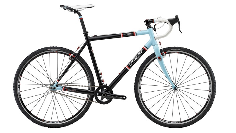 racer bike with light blue and black frame, logos and white handle