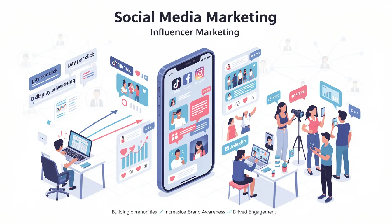 The image illustrates various social media marketing strategies, showcasing popular platforms like TikTok, Instagram, and Facebook, where digital marketers engage with potential customers through content sharing and paid advertising campaigns. It highlights the importance of influencer marketing in building brand awareness and fostering community engagement within the digital marketing landscape.