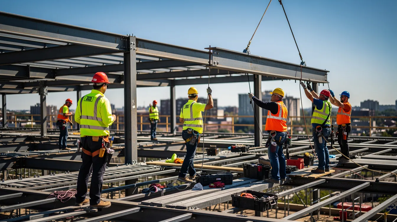 The image depicts construction workers in hard hats standing on a steel building frame at a job site, emphasizing the importance of safety in environments where workplace accidents can lead to serious injuries, including nerve damage and repetitive stress injuries. These workers are engaged in tasks that require physical strength and coordination, highlighting the potential risks associated with construction work.