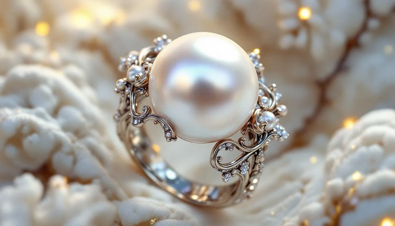 An elegant pearl ring in sterling silver, representing classic jewelry design.