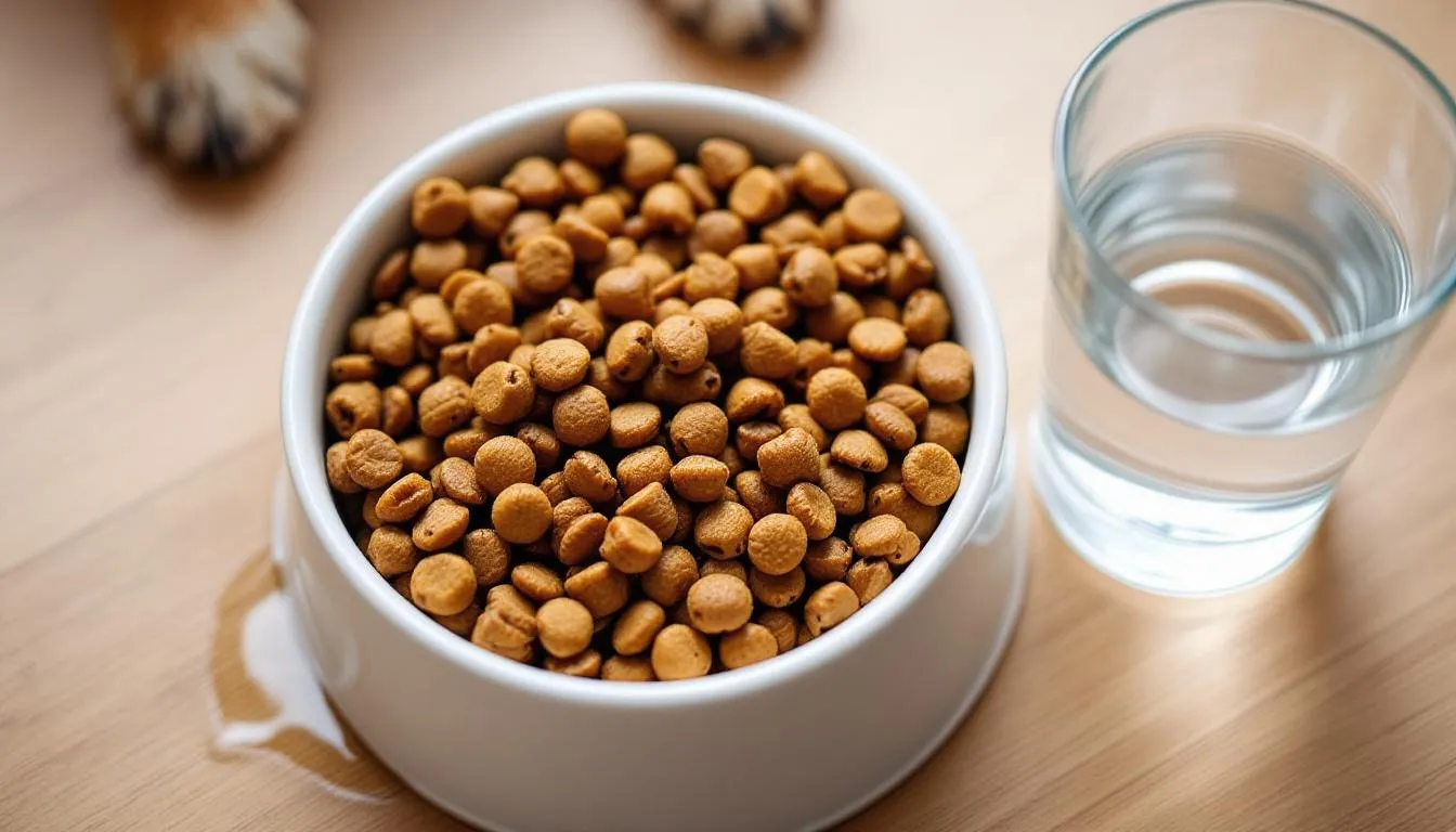 A bowl of high-fiber dog food sits on a surface, accompanied by a bowl of fresh water nearby, promoting healthy digestion for dogs. This meal can help alleviate symptoms of constipation in dogs, ensuring they maintain normal bowel movements.