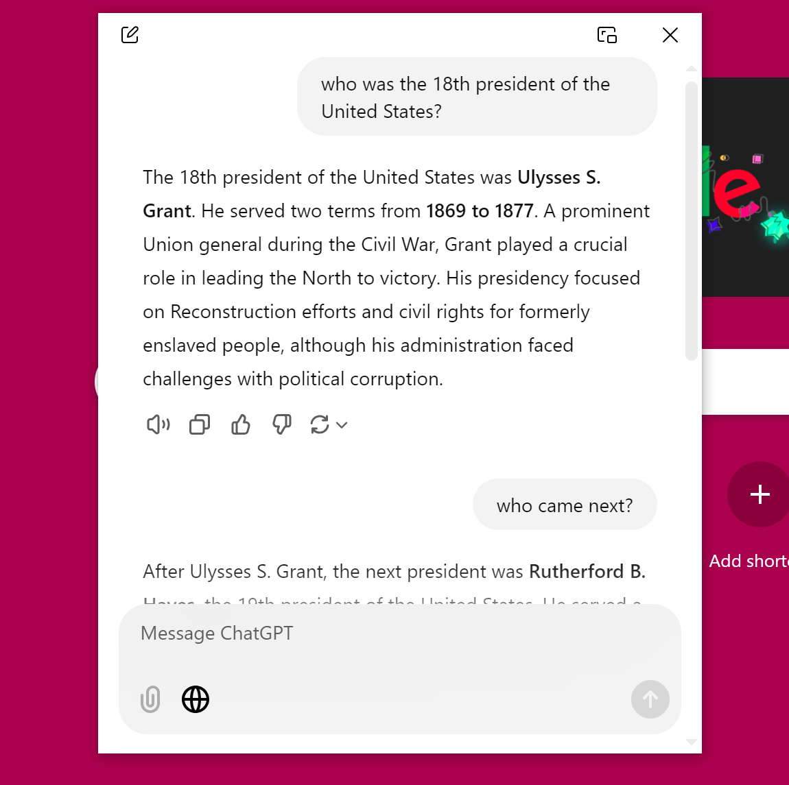 ChatGPT chat popup on desktop
