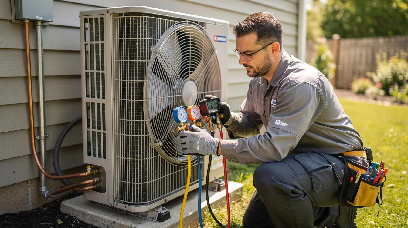 A technician is inspecting the refrigerant pressure on an outdoor air conditioning unit, ensuring the system's efficiency and safety. This maintenance check is crucial for the proper functioning of the aircon system, especially during the summer months in Durbanville.