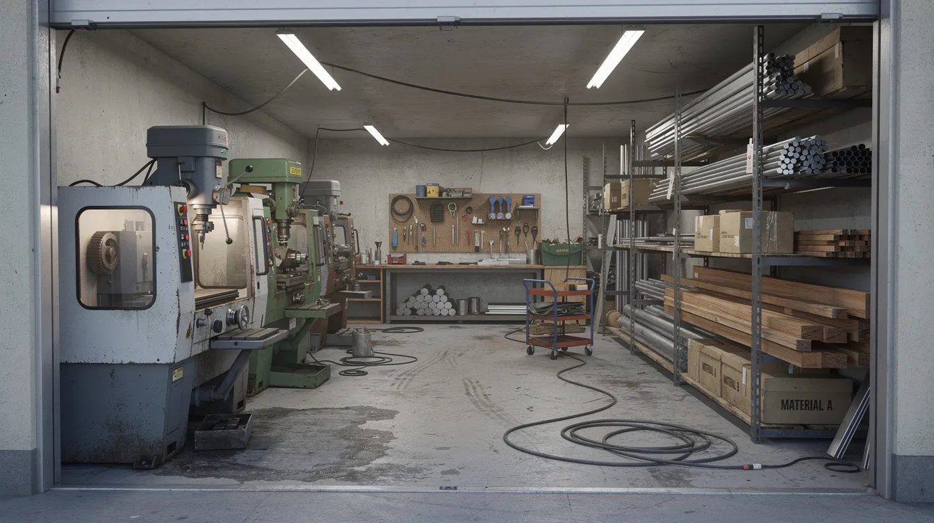 32256194 acfc 4906 b055 8966abe33a2b The image depicts a small workshop interior featuring industrial machines arranged on one side and a storage area filled with raw materials on the opposite side. This setup is ideal for micro enterprises looking to optimize their operations and manage project costs effectively, potentially benefiting from a mudra loan project report for financial projections and project logistics details.