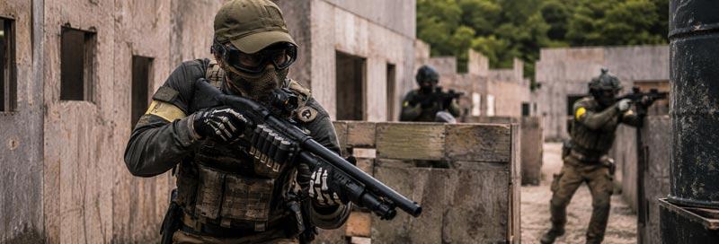 Two teams of airsoft players are advancing through a simulated urban combat environment filled with buildings and barricades, utilizing airsoft guns and shotguns in a tactical game. The scene captures the excitement of close quarters combat as teammates communicate and strategize to eliminate opponents while adhering to game rules and safety measures.