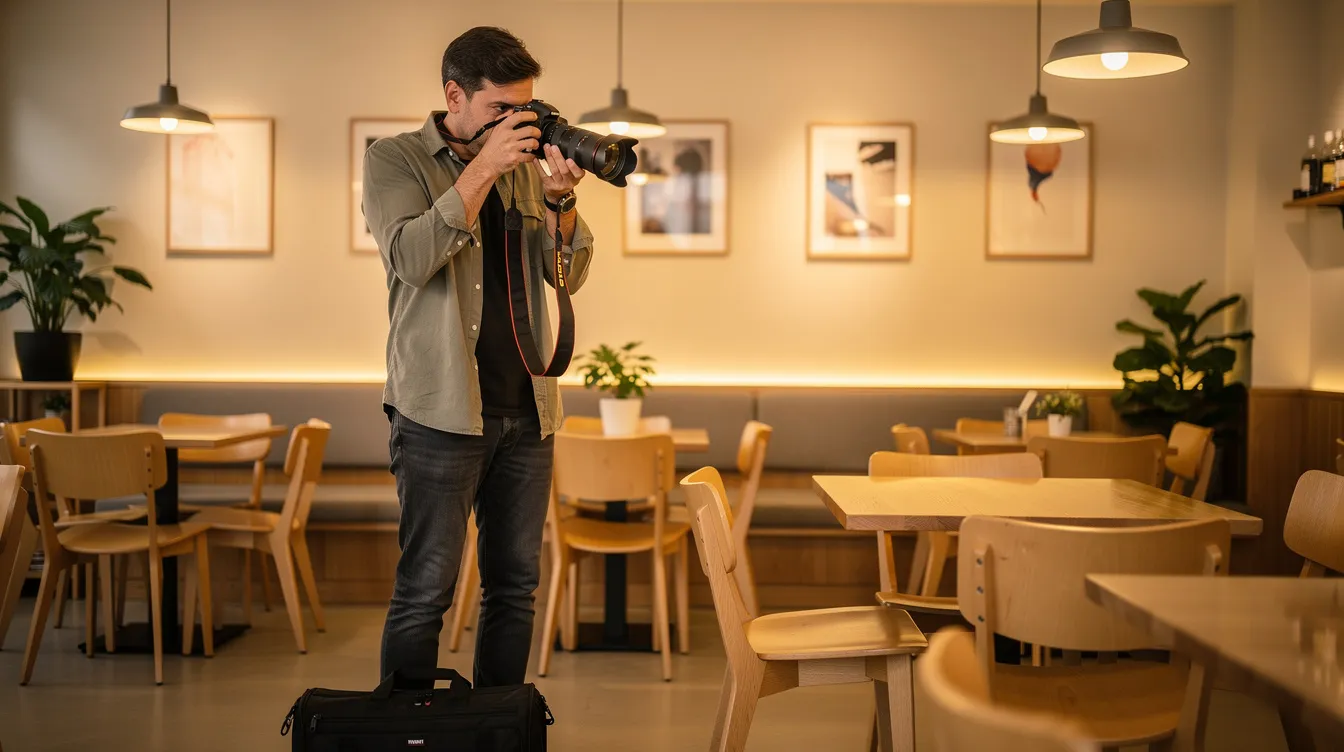A professional photographer is capturing the warm and inviting interior of a local business, featuring clean decor that enhances its appeal to potential customers. The image reflects the importance of local SEO strategies, showcasing how visual content can boost online visibility and improve local search results.