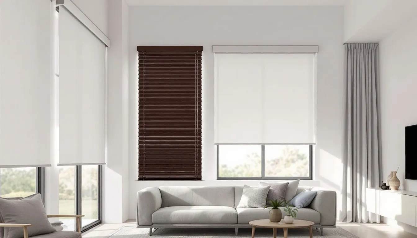 A selection of window shades designed for high windows, including various styles and colors.