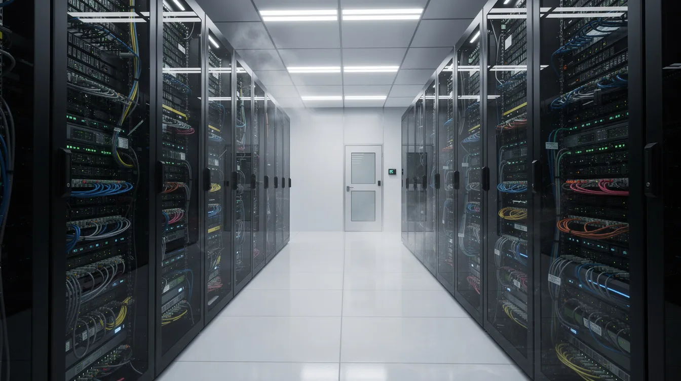 The image depicts a secure server room filled with neatly organized rack servers, each adorned with blinking status lights, indicating active monitoring and data flow. This environment is essential for infrastructure monitoring and supports various analytics tools that provide actionable insights for data analysts and business intelligence applications.