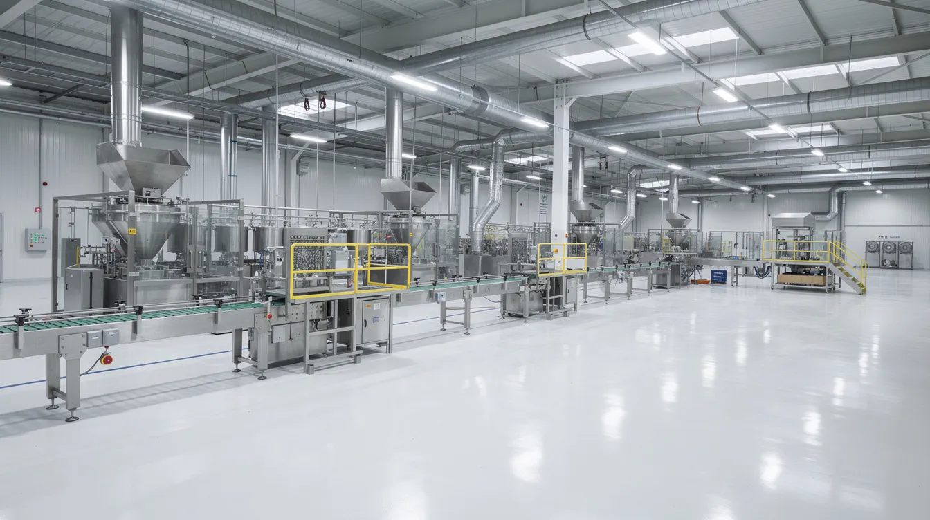 322b8deb c71f 490c 88f6 539e3e8aac11 The image depicts an industrial food processing facility featuring stainless steel equipment and conveyor belts in a clean environment, highlighting the poha manufacturing process for producing high-quality flattened rice. This advanced poha processing plant emphasizes automation and efficiency, showcasing the machinery used for roasting, drying, and packaging rice flakes.