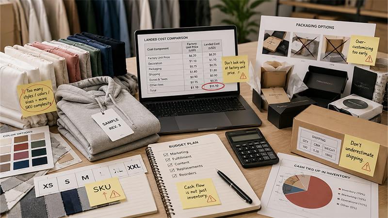 Hidden clothing brand startup costs from SKU complexity, packaging, shipping, revisions, and excess inventory