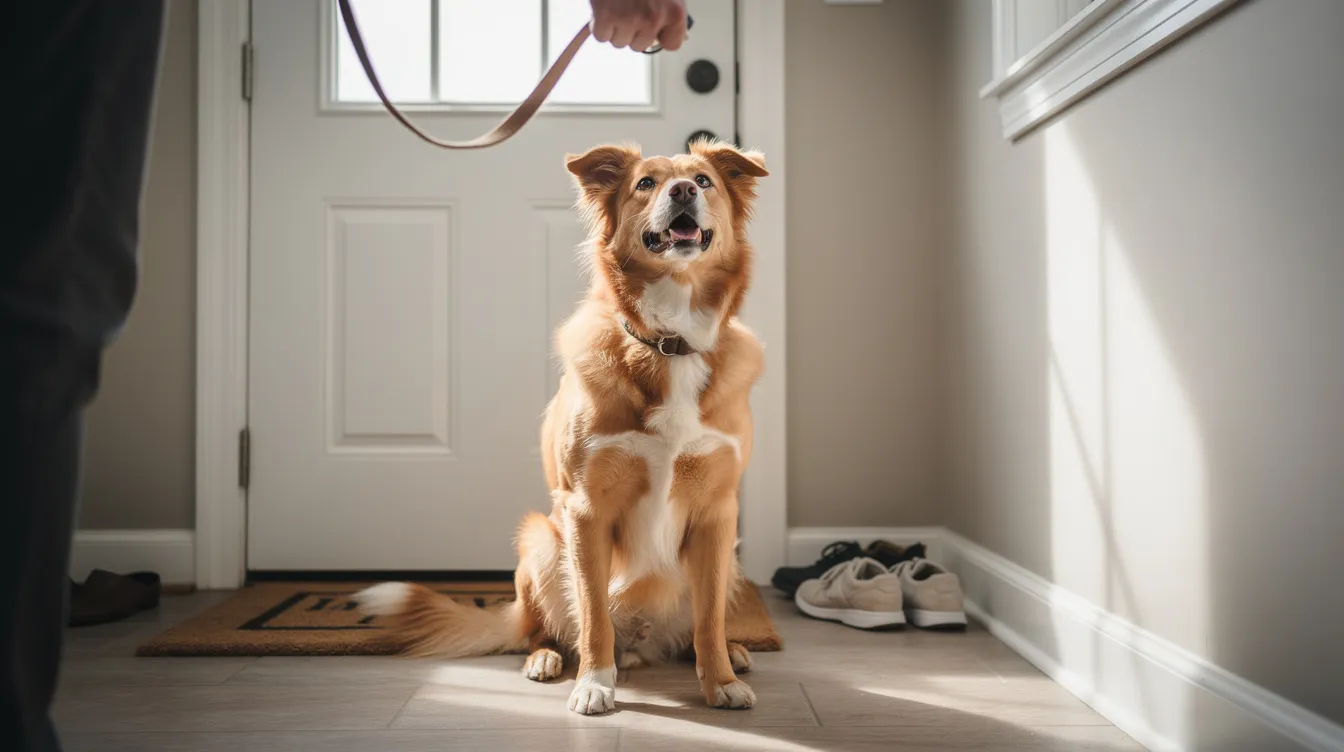 A joyful dog gazes up at its owner, who is holding a leash near the front door, ready for a walk. This moment captures the excitement and energy of a pup eager to explore the world outside, reminding us of the fun and affection that dogs wish you knew.