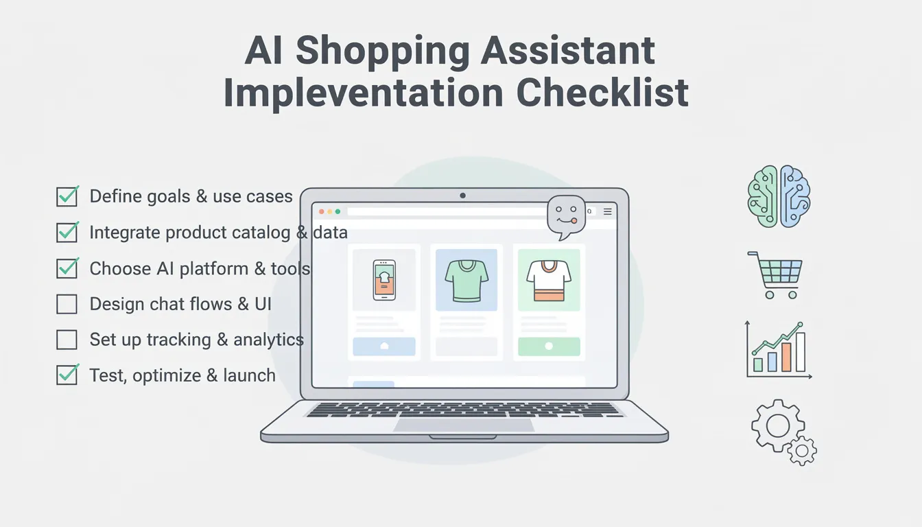 The image depicts a checklist for implementing an AI shopping assistant in an online store, highlighting key benefits such as enhancing customer engagement and providing personalized shopping experiences. It emphasizes the use of artificial intelligence and machine learning to improve customer satisfaction and streamline the online shopping journey.