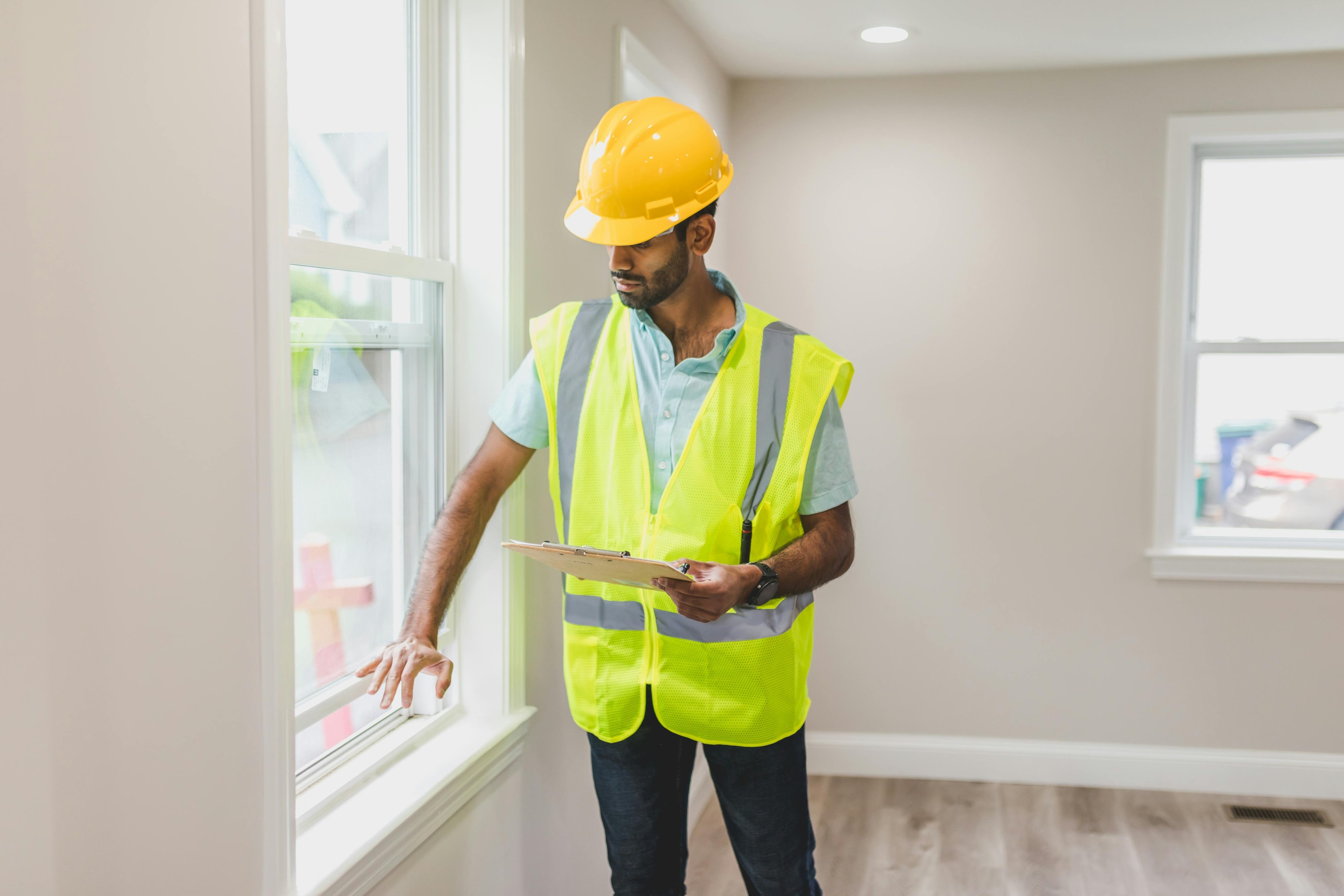 Professional appraiser walks through home to evaluate it's condition.