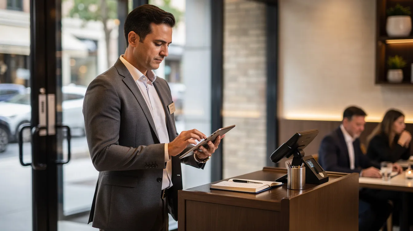 A restaurant general manager is seen at the host stand near the entrance, intently reviewing a tablet device that displays online reviews and customer feedback. This scene highlights the importance of reputation management for restaurants as the manager assesses both positive and negative reviews to enhance the restaurant's online reputation and ensure customer satisfaction.