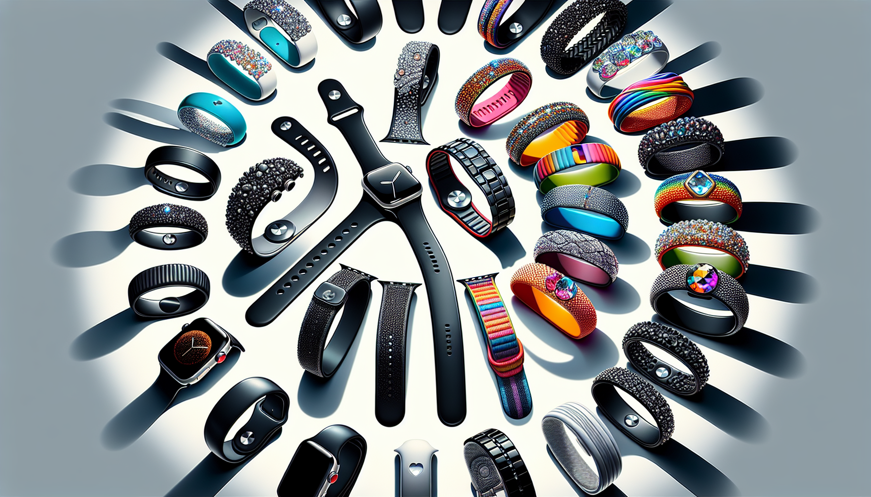 Various Apple Watch bands displayed on a table