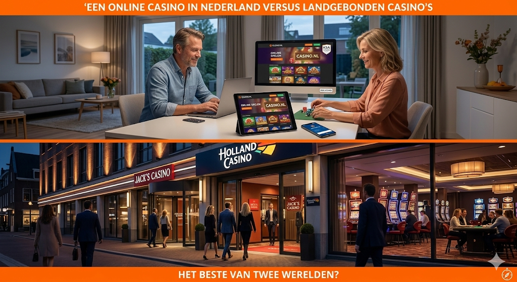 Vergelijking tussen online casino’s in Nederland en landgebonden casino’s zoals Holland Casino en Jack’s Casino, met spelers die thuis online spelen en bezoekers in een fysiek casino.