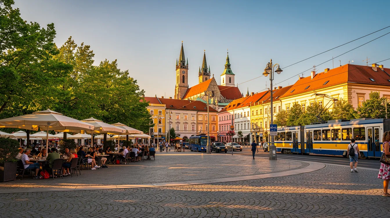 A imagem retrata uma vista deslumbrante de Zagreb, capital da Croácia, durante o verão, destacando o centro histórico da cidade com suas ruas de paralelepípedos e arquitetura medieval. Ao fundo, é possível ver a atmosfera vibrante da cidade, repleta de turistas e locais aproveitando o clima mediterrâneo.