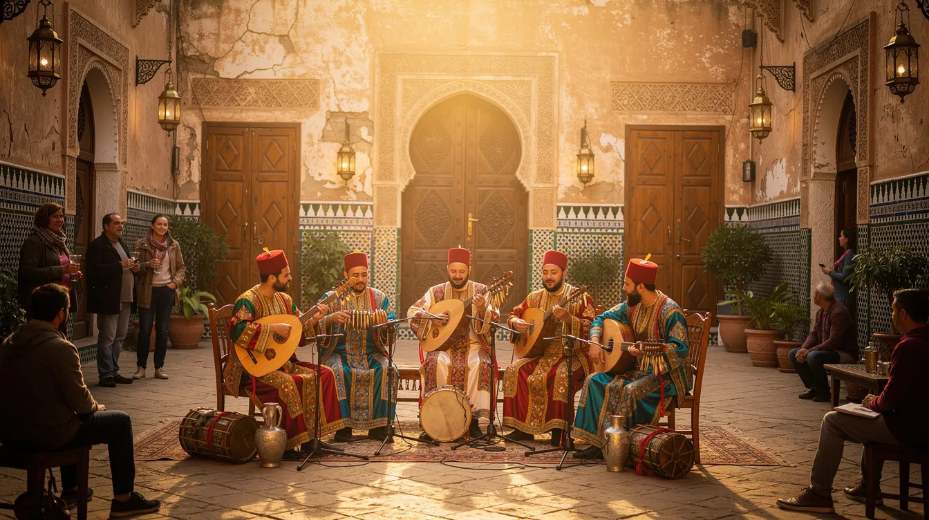 A group of traditional Moroccan musicians is performing in a historic medina courtyard, surrounded by vibrant architecture and an audience enjoying the cultural experience. This lively scene highlights the rich musical heritage of Morocco, often celebrated during festivals such as the Gnaoua World Music Festival and the Fes Festival of World Sacred Music.