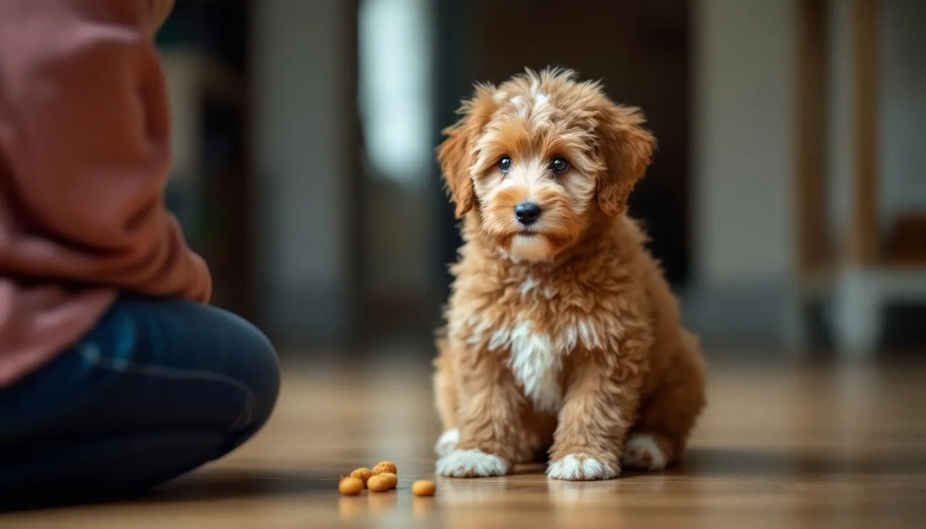 A Bernedoodle puppy sits attentively during a training session, surrounded by treats, showcasing its playful and intelligent nature. This hybrid dog, known for its curly coat and gentle temperament, is eager to learn and engage with its family.