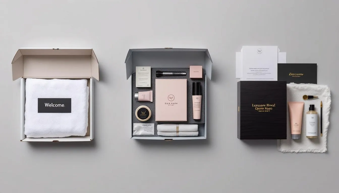 Obrazek przedstawia różne style welcome packów, od minimalistycznych zestawów powitalnych po bogato wyposażone pakiety, które zawierają materiały informacyjne, gadżety firmowe oraz logo firmy, co ma na celu stworzenie pozytywnego pierwszego wrażenia dla nowego pracownika w nowym miejscu pracy. W tle widoczne są różnorodne przedmioty, które mogą być częścią welcome boxa, od kubków termicznych po firmowe bluzy, podkreślające kulturę organizacyjną firmy.
