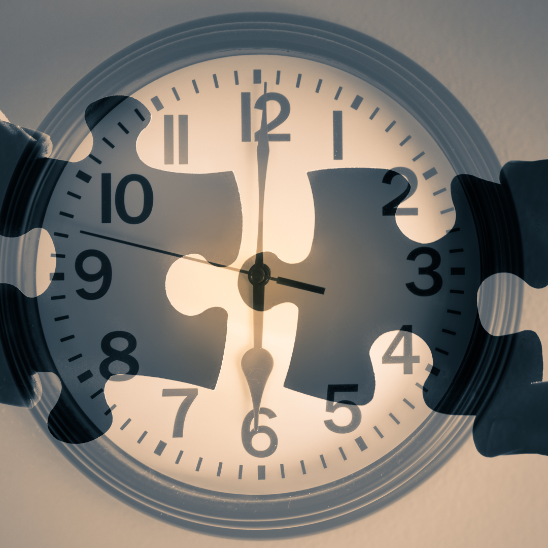 An image of a clock with puzzle pieces superimposed over it. 