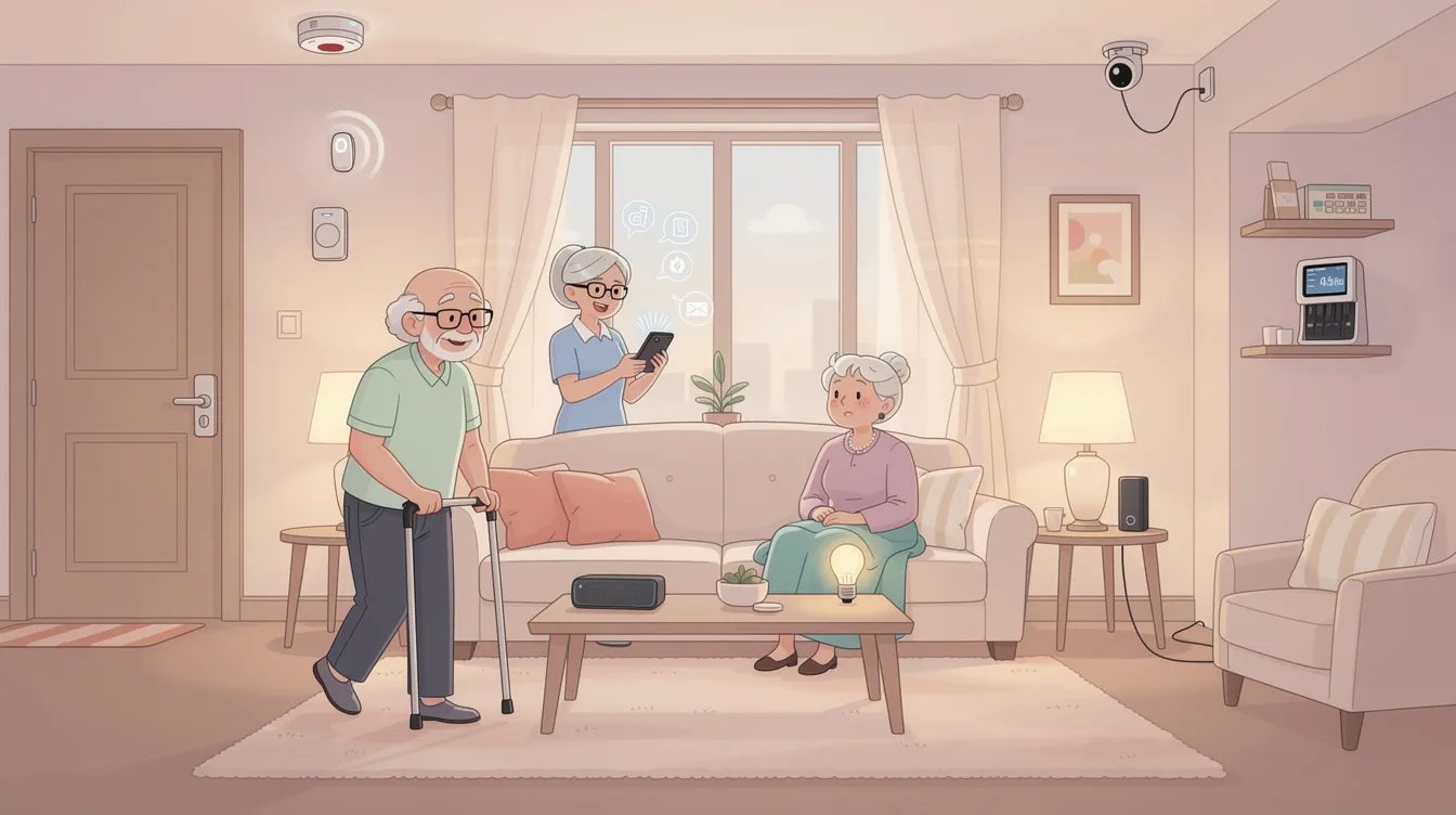 Smart home devices in a modern living room to enhance safety for older adults.