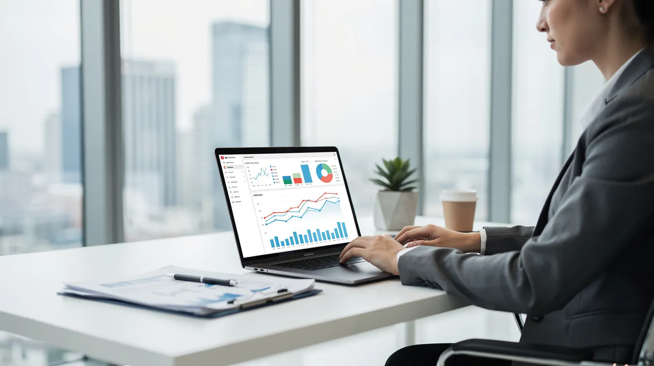 A business professional is seated in a modern office, intently analyzing charts and data displayed on a laptop. The environment suggests a focus on enhancing productivity and streamlining workflows through the use of automation tools for creating data-driven slides.