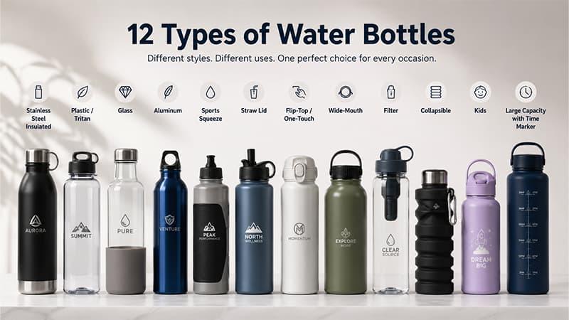 12 types of water bottles including stainless steel, plastic, glass, sports, straw lid, filter, collapsible, kids, and time-marker bottles