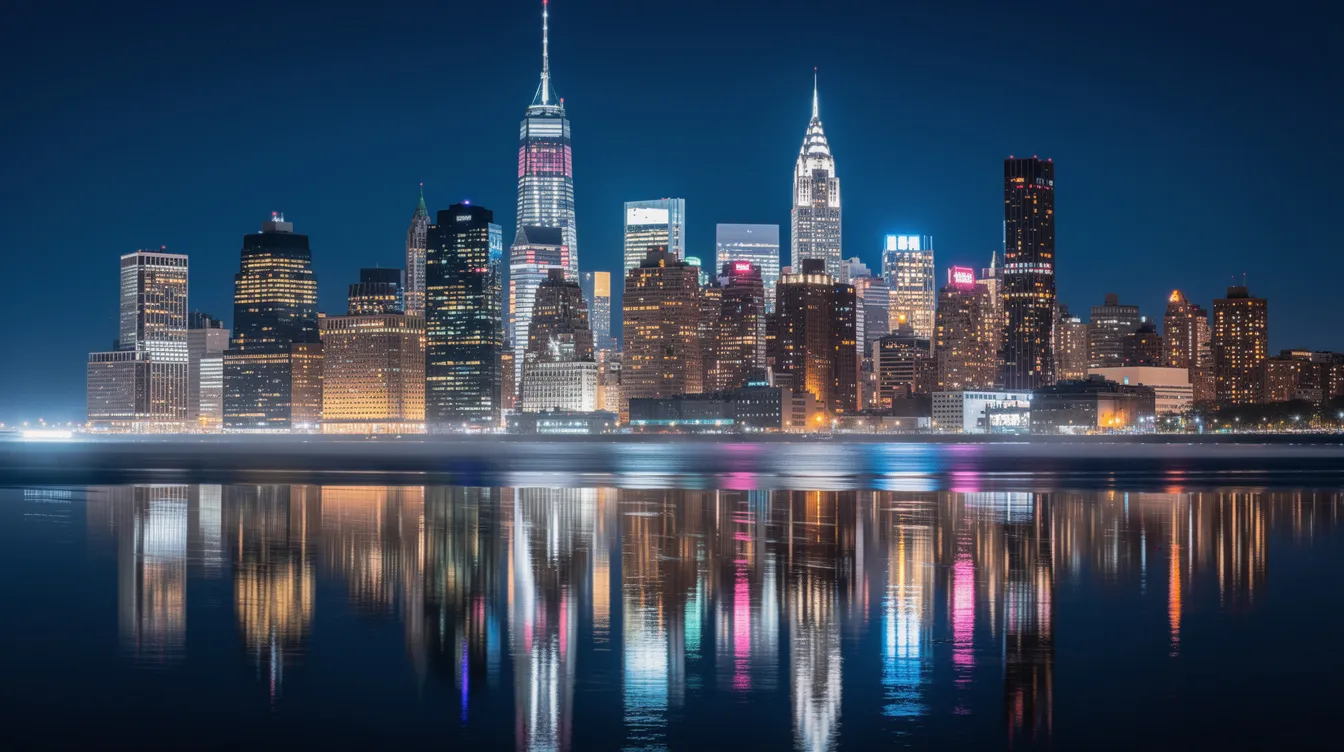 Die nächtliche Skyline von Manhattan zeigt beeindruckende Wolkenkratzer, deren Neonlichter sich glitzernd im Wasser spiegeln. Diese Szenerie könnte aus einem Film stammen, der die dunkle Seite von New York City, wie in Bret Easton Ellis' Roman, thematisiert.