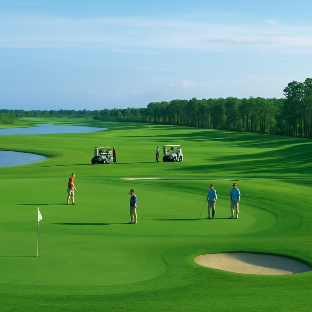 The image depicts a stunning championship golf course at Miromar Lakes Beach and Golf Club, featuring lush, pristine fairways interspersed with water hazards, all surrounded by luxurious homes. In the background, the vibrant community of Miromar Lakes offers a glimpse of its private white sand beaches and waterfront living, embodying the essence of luxury living in Southwest Florida.