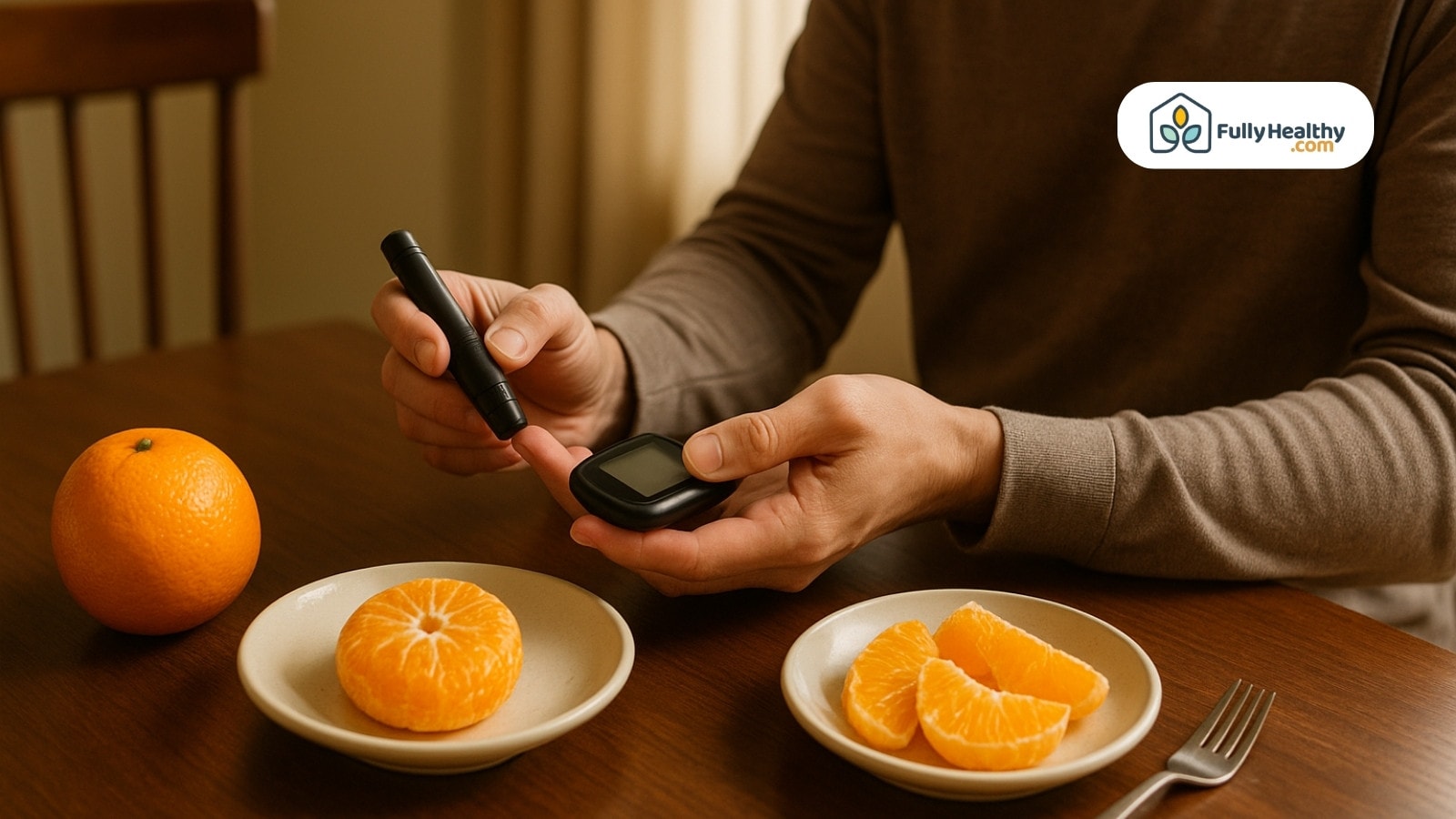Person using glucose meter with plates of oranges and whole orange on table