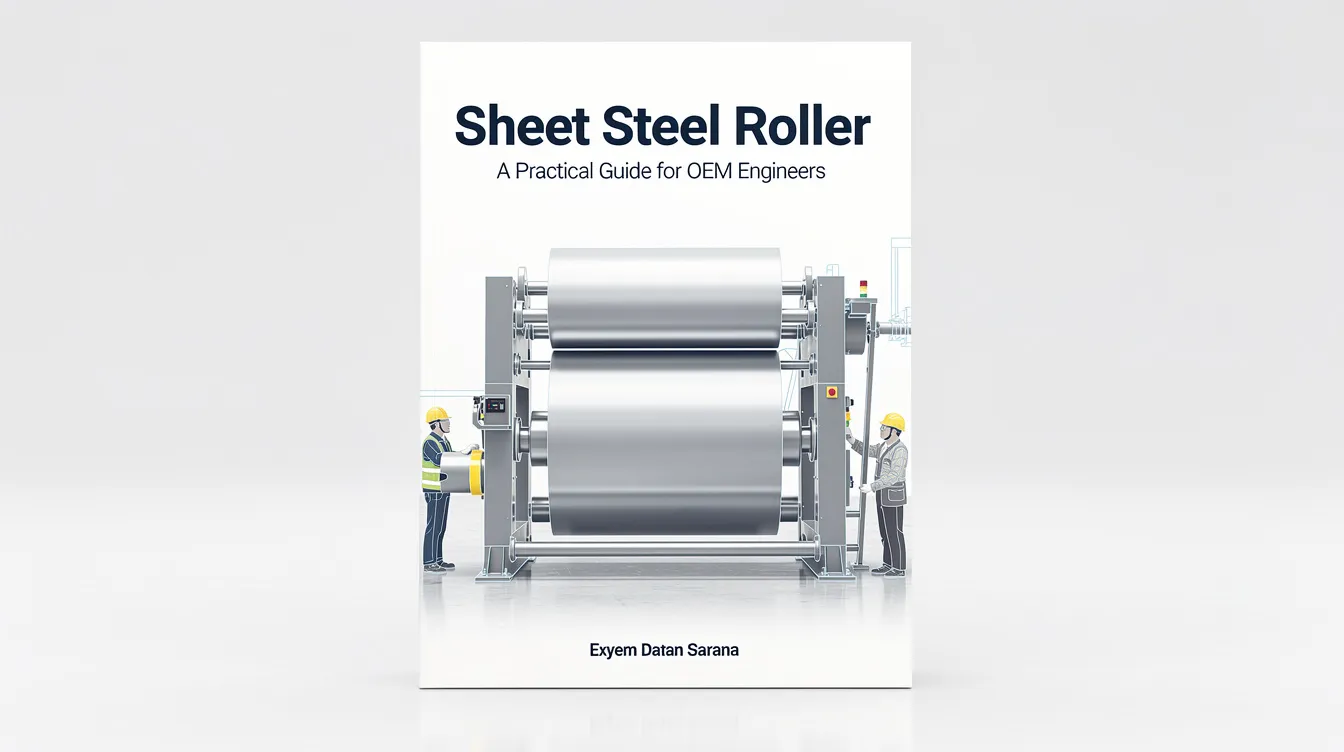 The image depicts a comprehensive guide cover titled "Sheet Steel Roller: A Practical Guide for OEM Engineers," featuring a sleek design that incorporates elements related to engineering and manufacturing. The background hints at the use of advanced tools and software, emphasizing the importance of collaboration, data insights, and performance improvements in creating custom solutions for engineering projects.