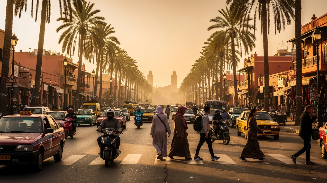Une rue animée de Marrakech montre une large avenue bordée de palmiers, où des voitures et des scooters circulent parmi des piétons. Cette scène vivante reflète l'effervescence du centre-ville, idéal pour ceux qui envisagent une location de voiture à Marrakech pour explorer la ville.