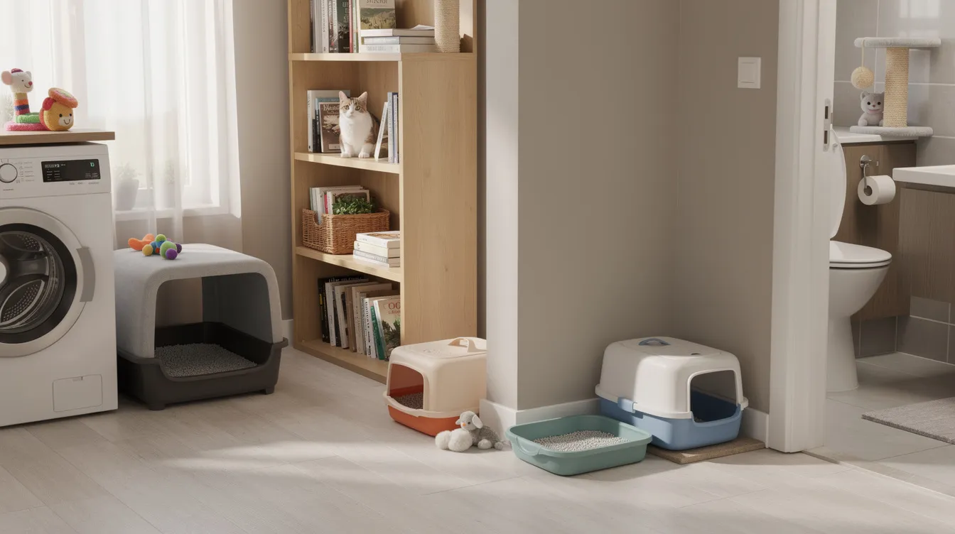 The image shows multiple cat litter boxes positioned in various corners of a home, highlighting the importance of providing clean litter boxes for cat owners, especially in multi-cat households. This arrangement supports the health monitoring of cats, ensuring their urinary health and overall well-being are maintained.