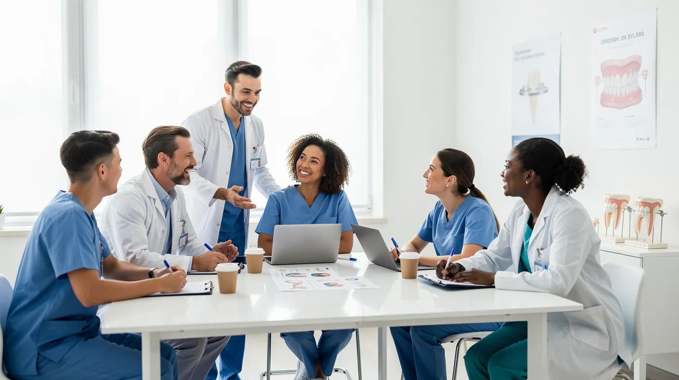 The image depicts a cheerful dental team engaged in a collaborative meeting around a table in a well-lit office, emphasizing teamwork and communication essential for effective dental practice management. The atmosphere suggests a focus on improving patient care and optimizing dental billing processes to enhance practice profitability and patient satisfaction.