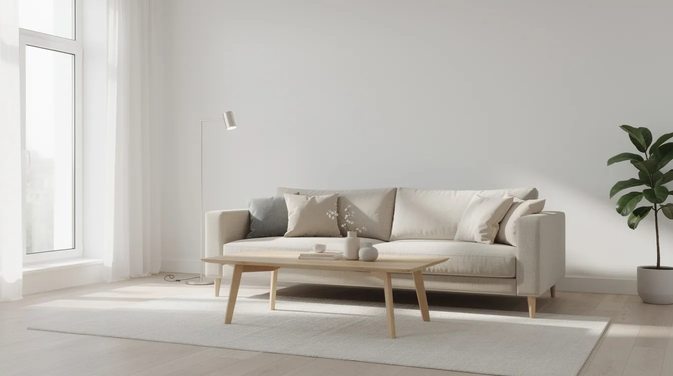 Ett ljust skandinaviskt vardagsrum med en soffa i naturtyg, ett soffbord i ek och en golvlampa som står mot en vit vägg. Rummet erbjuder en modern och stilren inredning, perfekt för att skapa ett hemtrevligt hem.