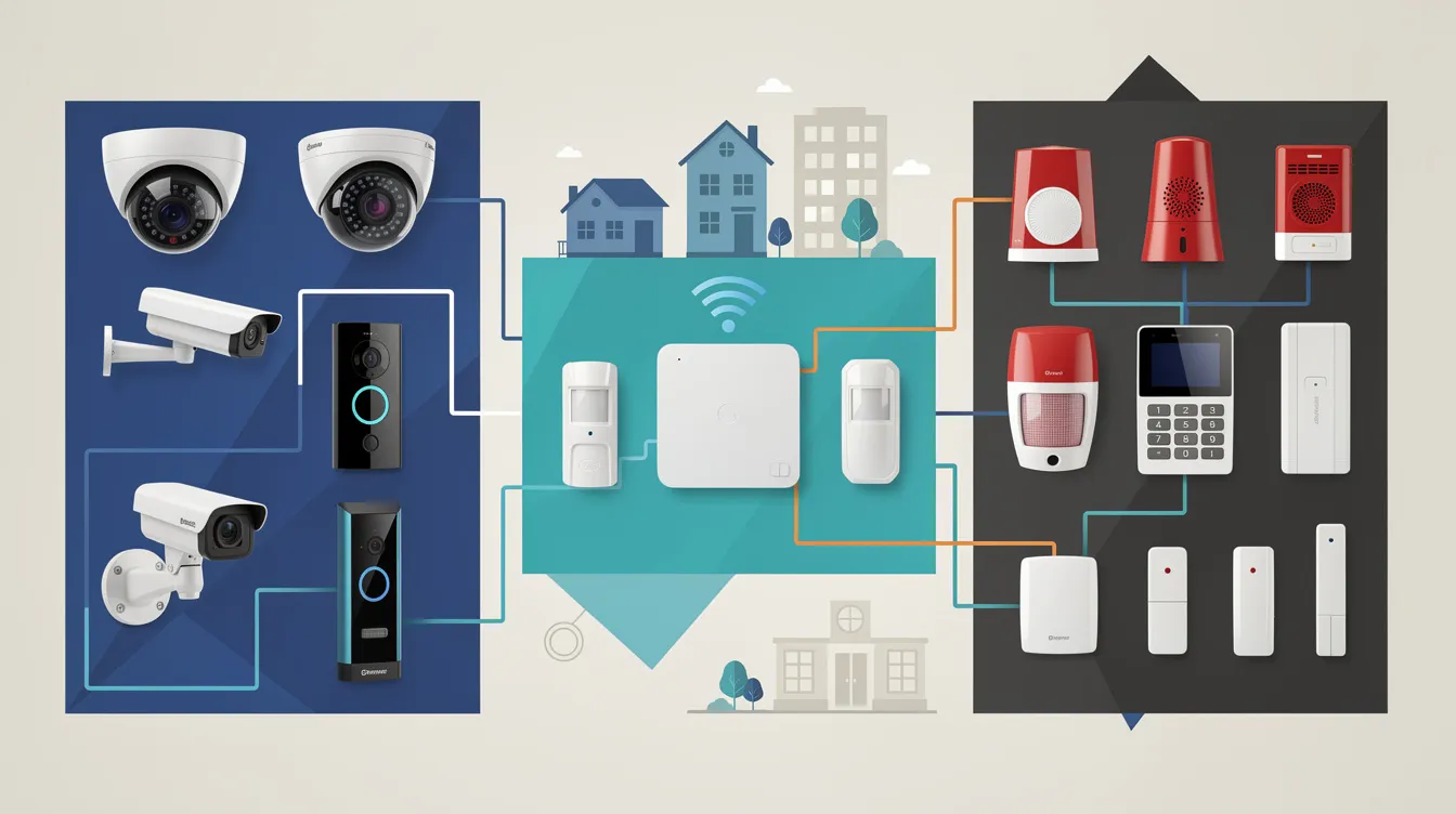 An overview of home security systems showcasing various devices including security cameras and alarm systems.