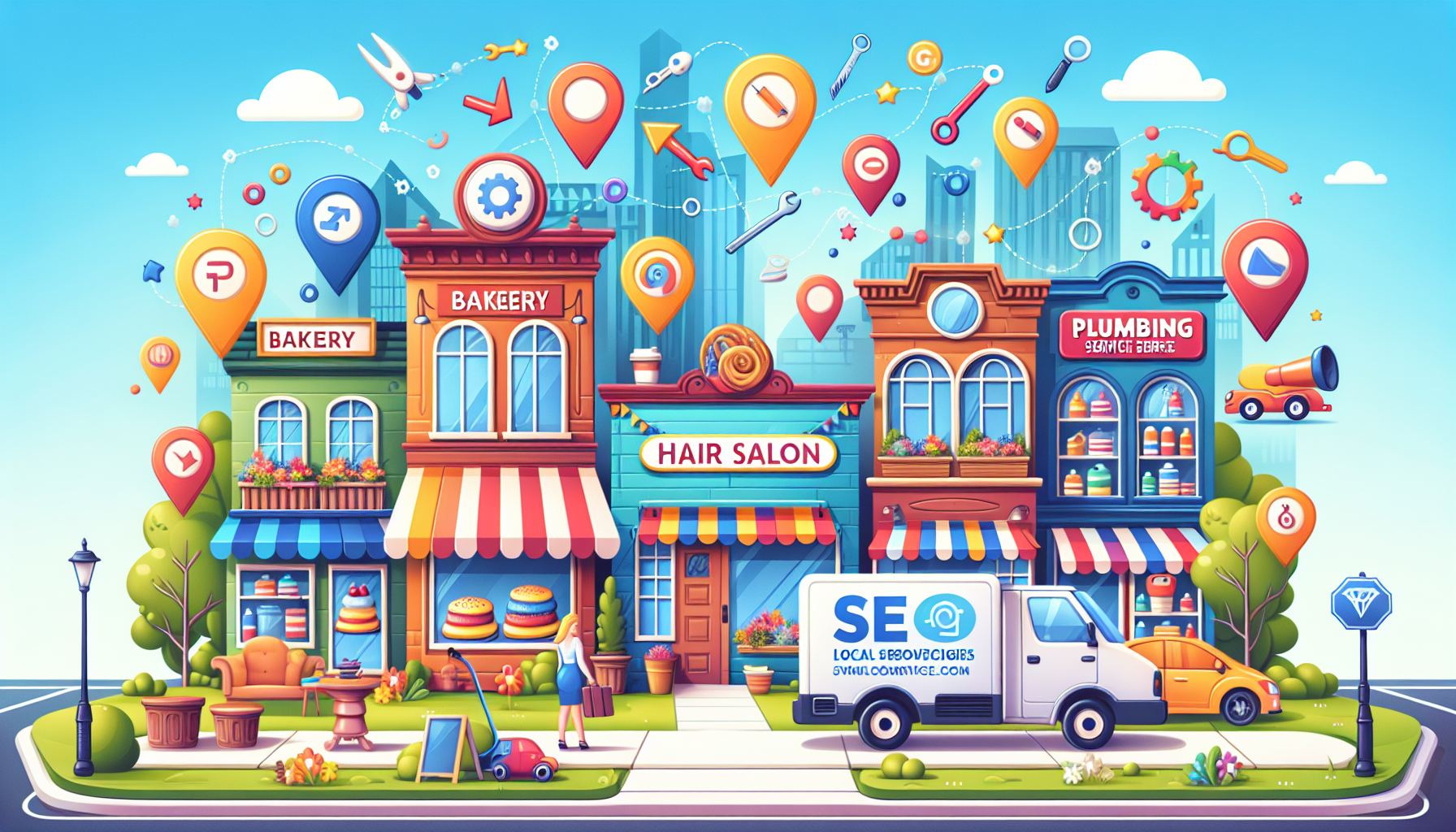An illustration depicting various local service businesses utilizing SEO strategies to enhance their visibility.