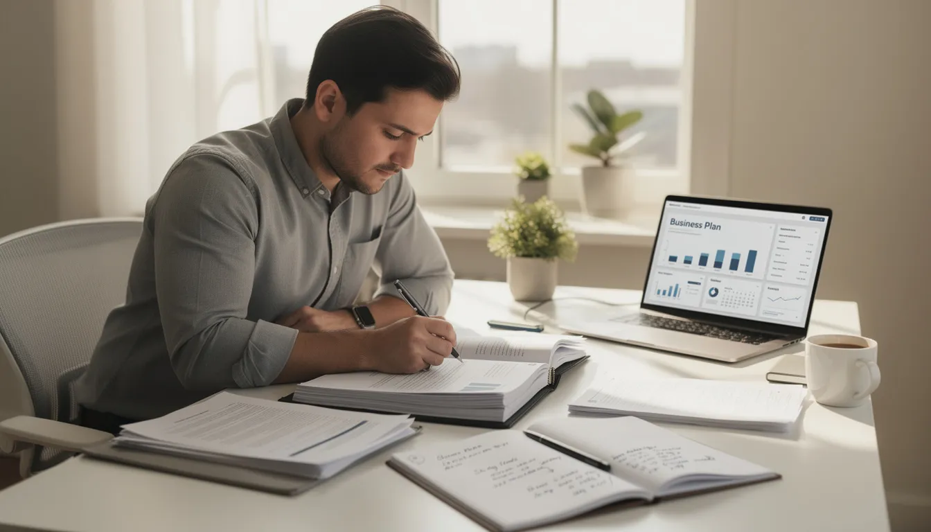 A small business owner is seated at a desk, intently reviewing documents and planning their content marketing strategy. They are focused on creating valuable content that will attract customers and enhance their online visibility through effective social media marketing efforts.