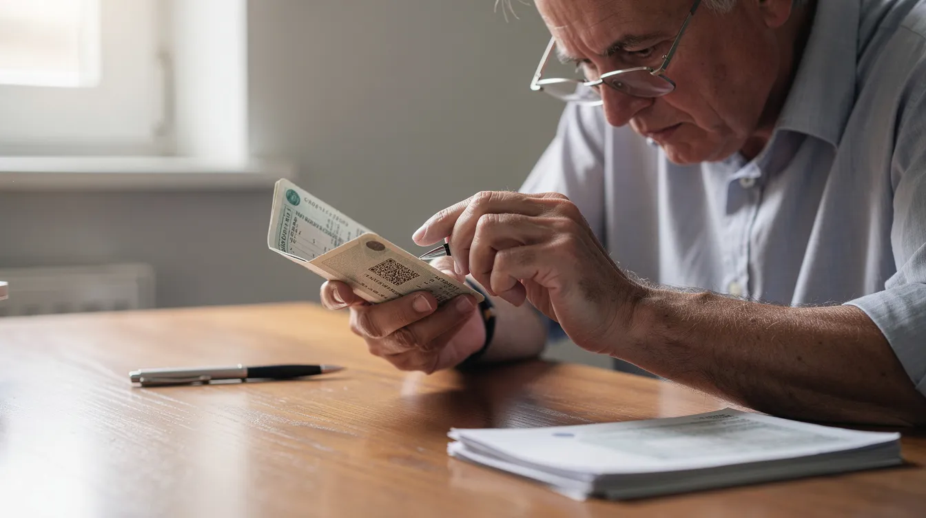 A person wearing reading glasses is seated at a desk, carefully checking details in a bank passbook, which may include information like the IFSC code and MICR code of their branch in India. The scene suggests a focus on managing money and possibly searching for specific transactions or details on a Friday.