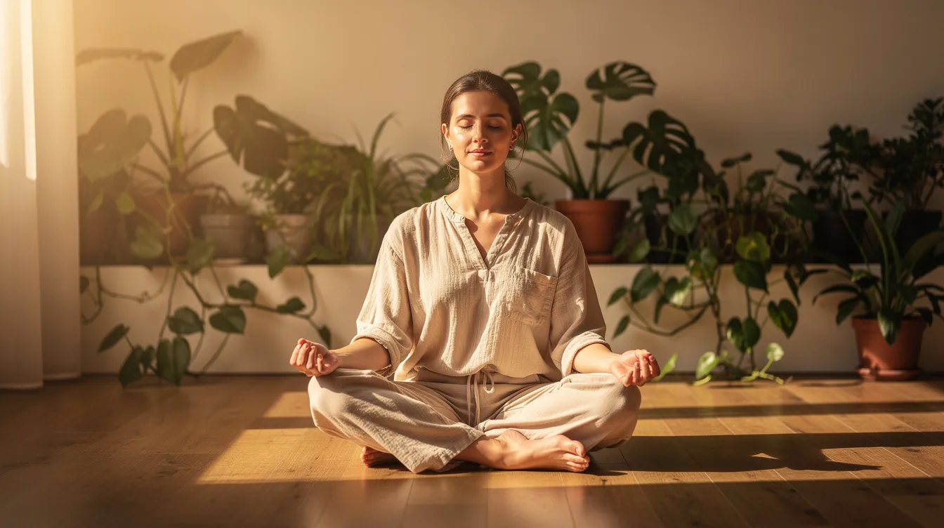 A person sits cross-legged on a wooden floor, bathed in soft morning light, with their eyes closed and hands resting on their knees, surrounded by green plants. This serene scene reflects a moment of nervous system regulation, promoting calmness and mental health through mindfulness practices. A person sits cross-legged on a wooden floor, bathed in soft morning light, with their eyes closed and hands resting on their knees, surrounded by green plants. This serene scene reflects a moment of nervous system regulation, promoting calmness and mental health through mindfulness practices.