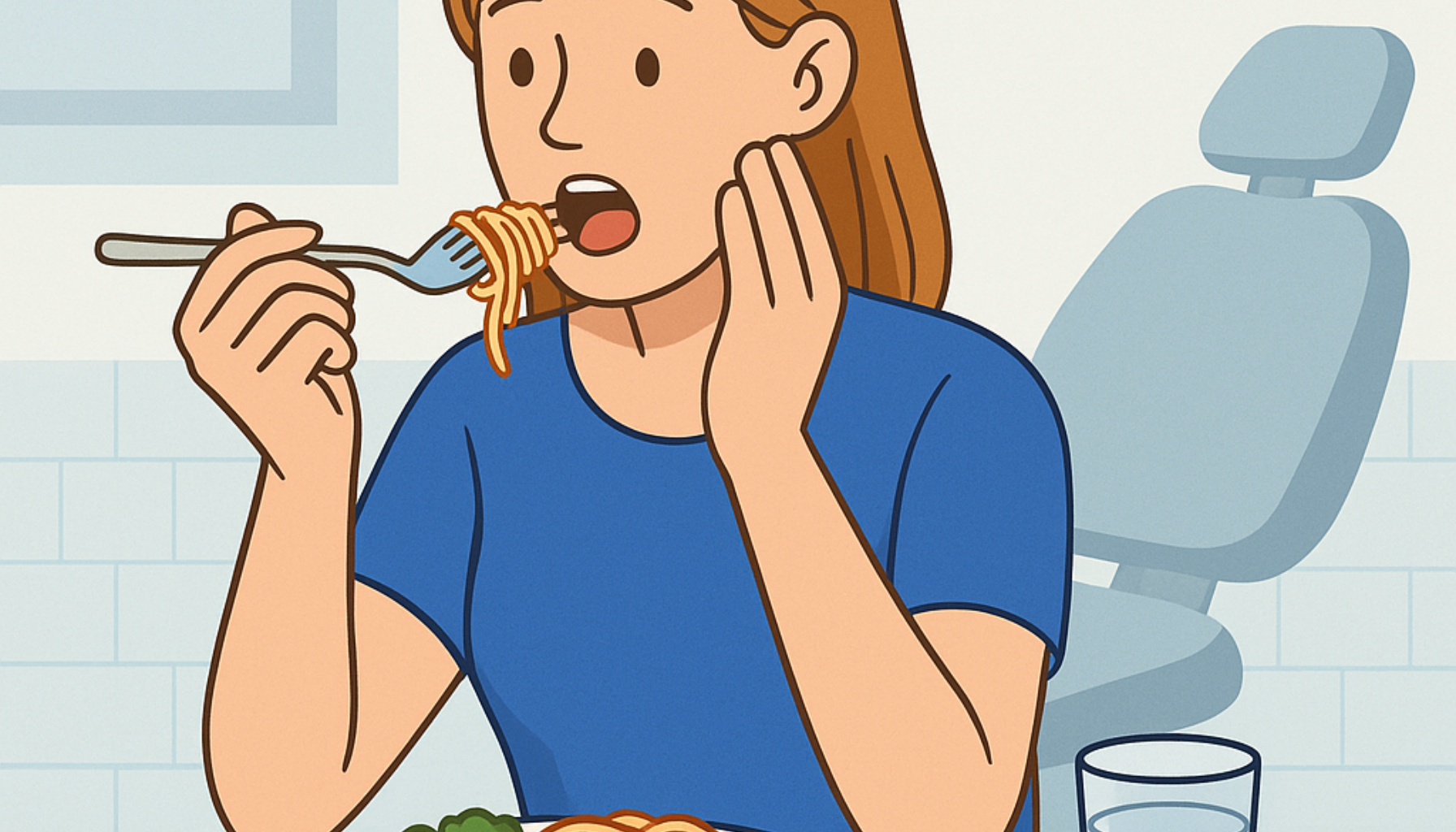 Spise Etter Tannlege: Hva Du Bør (og Ikke Bør) Gjøre Etter Behandling 14 Illustrasjon av kvinne som forsiktig spiser spaghetti etter tannbehandling, mens hun holder hånden mot kinnet på tannlegekontor.