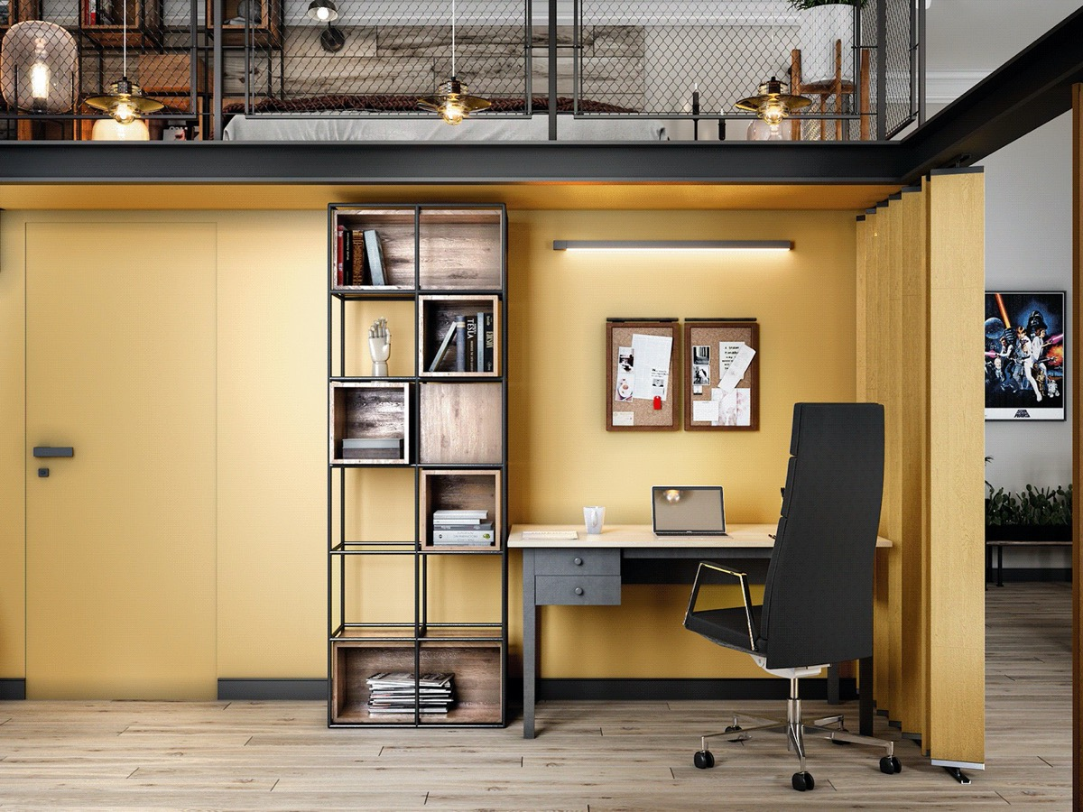 Penampilan ruang kerja berwarna mustard via home-designing.com