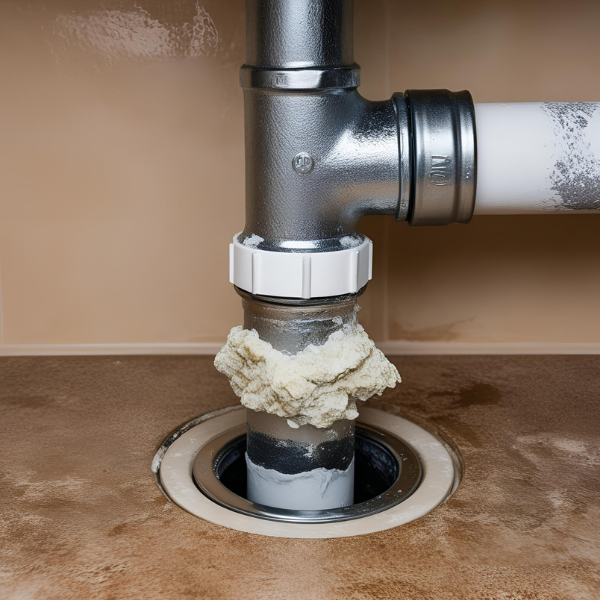 An image showing a clogged drain pipe with mineral buildup and debris.