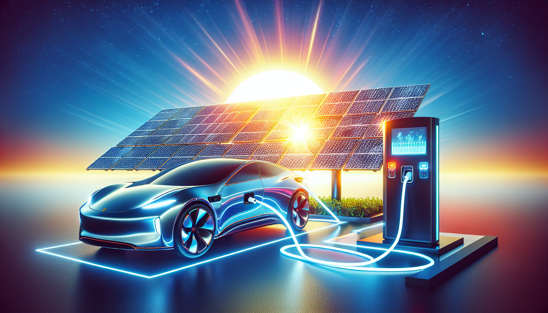 Illustration of an electric car being charged with solar panels