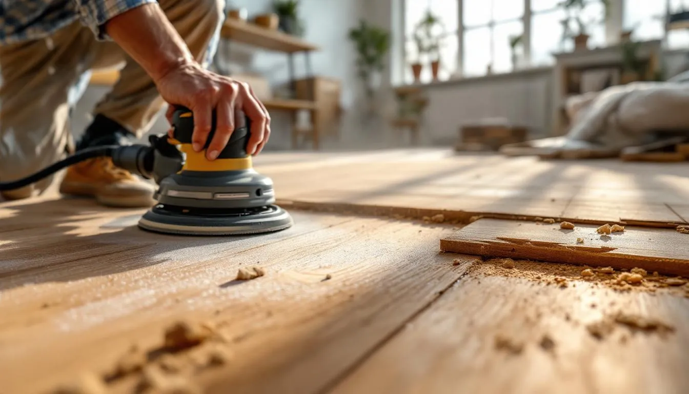 An overview of the flooring refinishing process, showcasing a wooden floor being sanded.