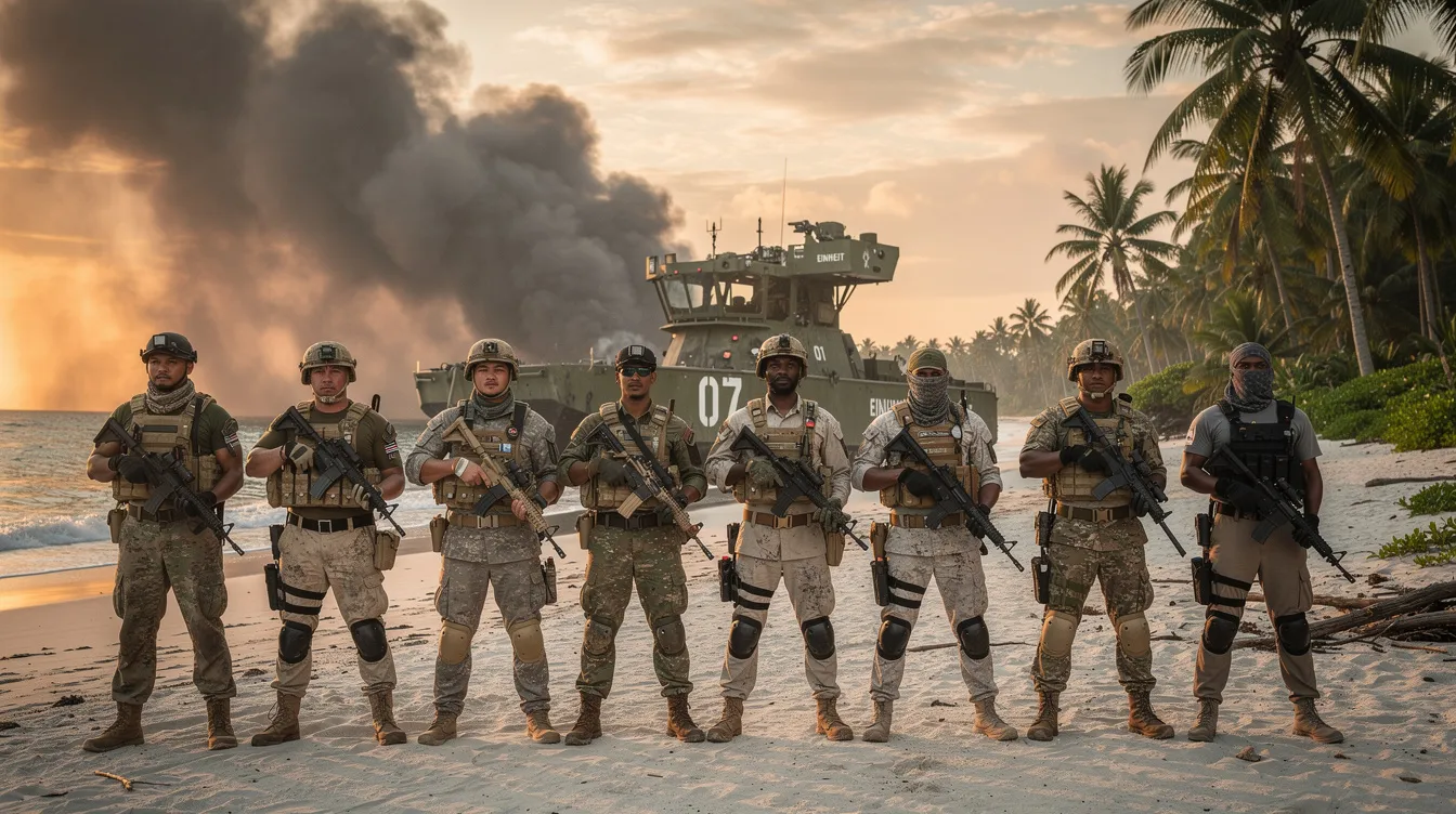Eine Gruppe von entschlossenen Kämpfern aus verschiedenen Herkunft steht vor einem tropischen Strand, umgeben von Palmen. Im Hintergrund ist Rauch zu sehen, während ein großes Militärfahrzeug am Horizont auftaucht, was an die dramatische Atmosphäre aus "Rogue One: A Star Wars Story" erinnert.